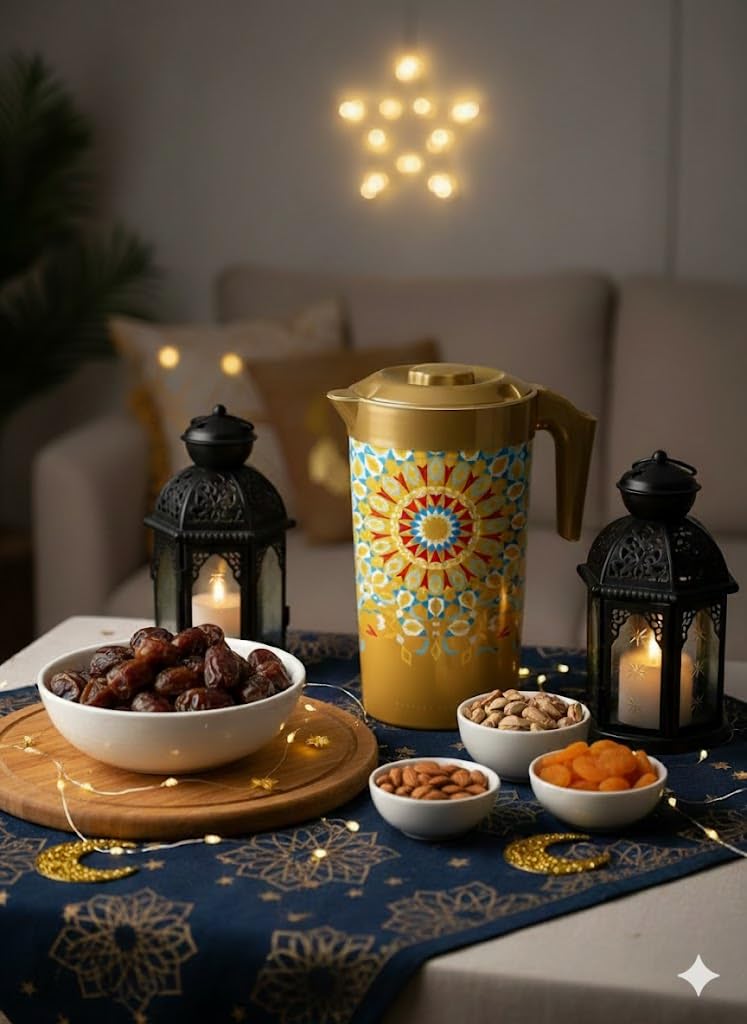 Decorative Plastic Decanter, Gold, 1800ml, 19x13x23cm, BPA Free, Airtight Lid, Dishwasher Safe - Image 2