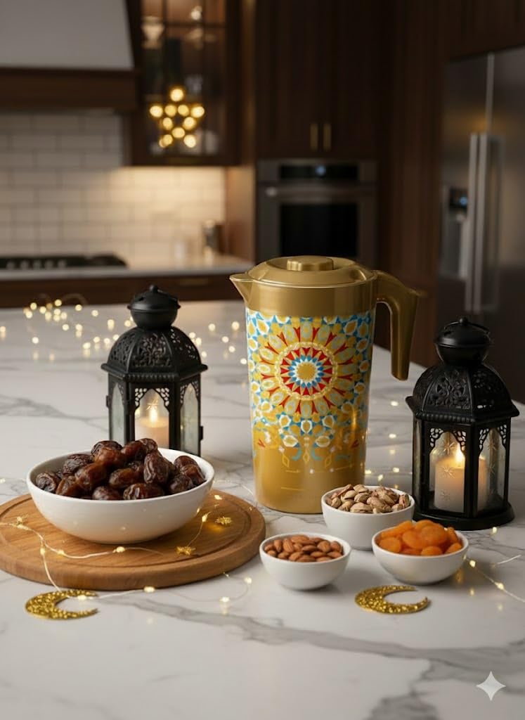 Decorative Plastic Decanter, Gold, 1800ml, 19x13x23cm, BPA Free, Airtight Lid, Dishwasher Safe - Image 3