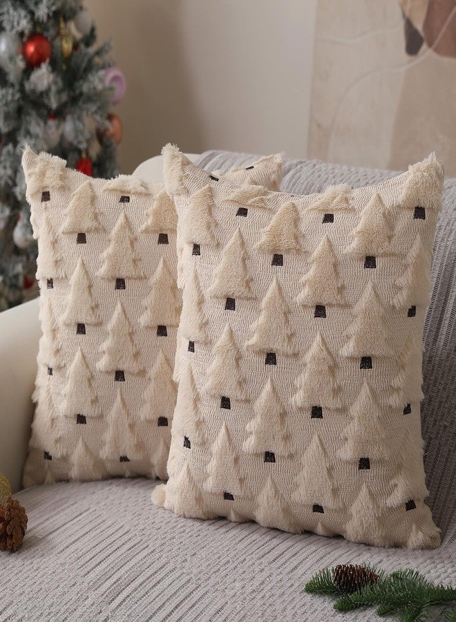 Allorry Christmas Pillow Covers 18x18 inch Set of 2 Xmas Decorations Soft Plush Faux Fur Wool Beige Christmas Tree Throw Pillow Cases Winter Holiday Decor for Sofa Living Room PT-002C18 - Image 1