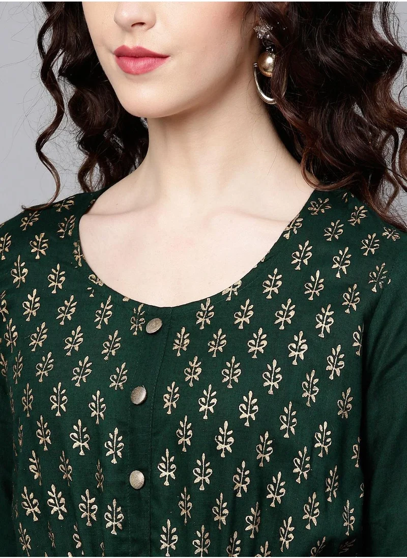 ISHIN Regular Fit Floral Pattern Round Neck Neck Three-Quarter Sleeve Green Colour Knitted Cotton Kurta Set for Women with Mid-Rise Closure - Unmatched Grace and Comfort