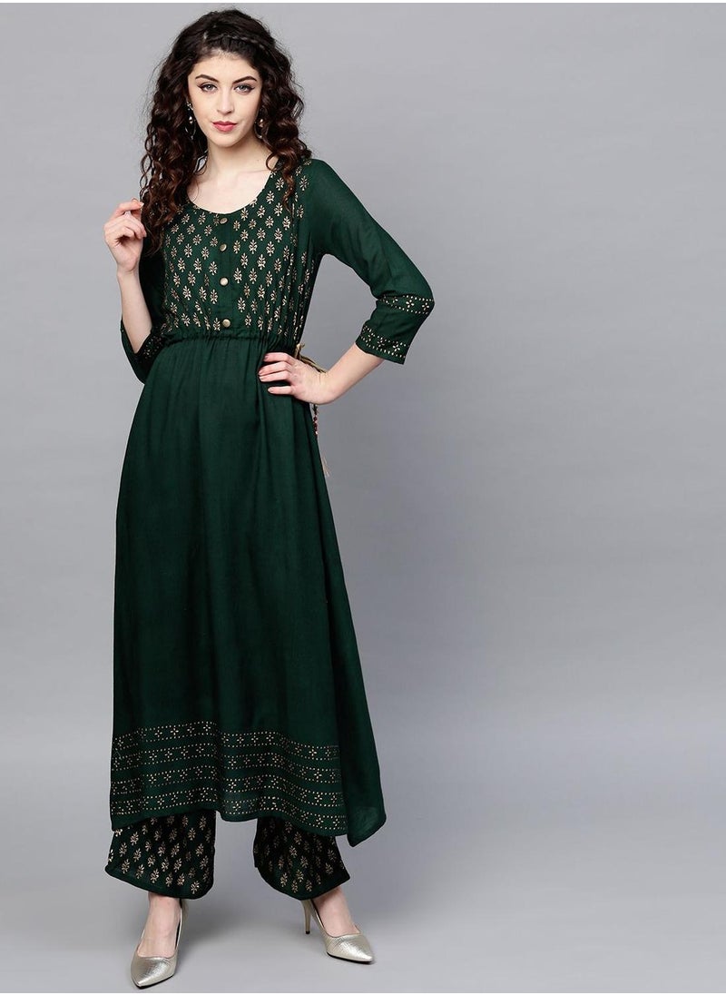 ISHIN Regular Fit Floral Pattern Round Neck Neck Three-Quarter Sleeve Green Colour Knitted Cotton Kurta Set for Women with Mid-Rise Closure - Unmatched Grace and Comfort  - Image 5