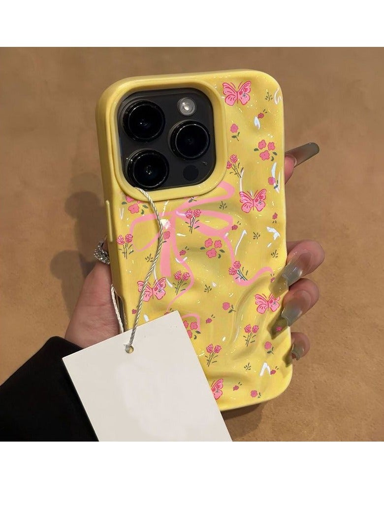 NIBEMINENT Pleated Bow Protective TPU Case Cover For IPhone 15 Plus, Yellow