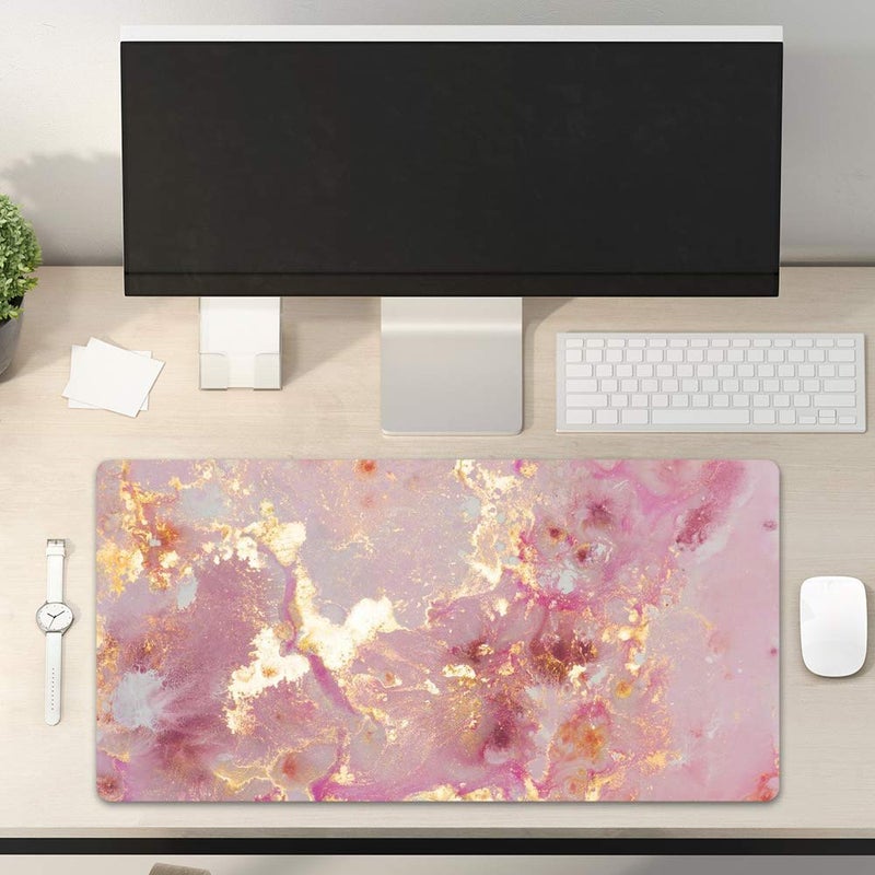 QIYI Large Mouse Pad, Cute Pink Desk Mat for Desktop, Women Girls PU Leather Desk Pad Waterproof Gaming Mousepad, Rose Gold Marble Computer Protector Writing Pad for School Office Home 31.5" x 15.7" - Image 2