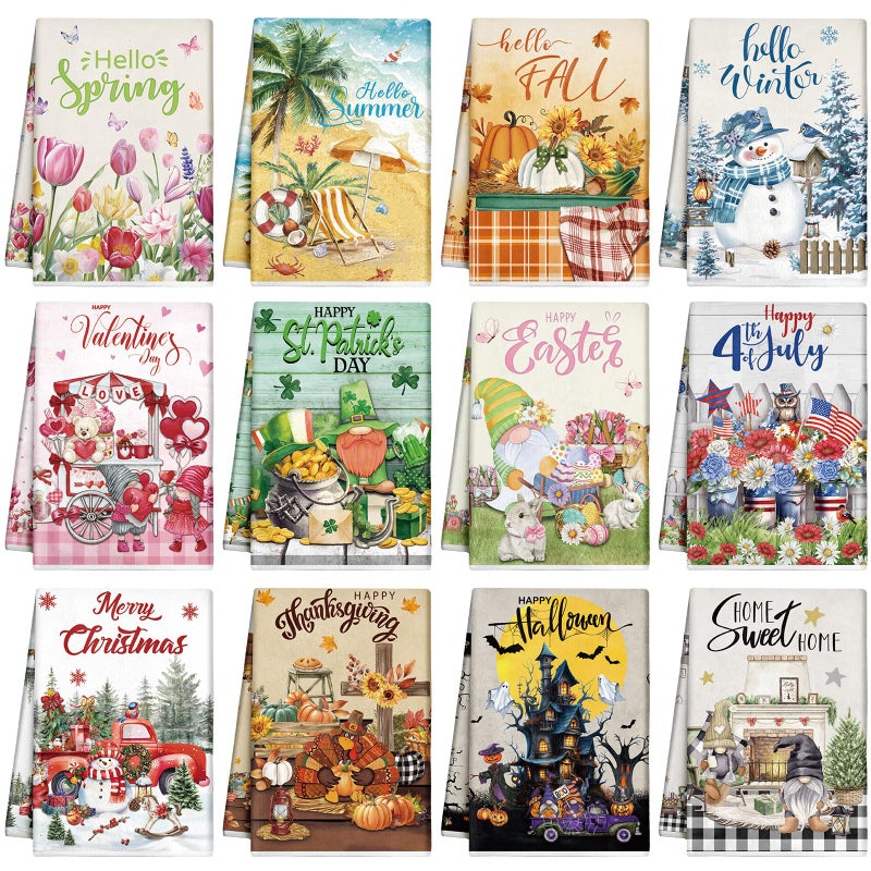 FuWeave 12 Pcs Seasonal Kitchen Towels Set for All Holidays Hand Dish Tea Towels Thanksgiving Christmas Absorbent Dishcloths Housewarming Gift for Cooking Kitchen BathroomFresh Style