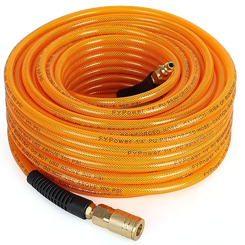 FYPower Air Compressor Hose 1/4 Inch x 100 Feet Flexeel Reinforced Polyurethane (PU) Air Hose with Fittings, Bend Restrictors, 1/4" Industrial Quick Coupler and Plug Kit - Image 1