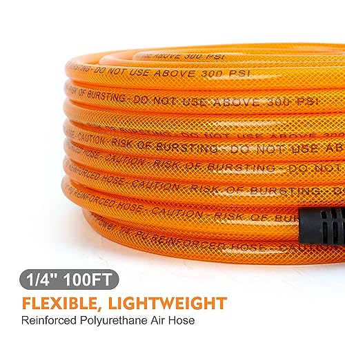 FYPower Air Compressor Hose 1/4 Inch x 100 Feet Flexeel Reinforced Polyurethane (PU) Air Hose with Fittings, Bend Restrictors, 1/4" Industrial Quick Coupler and Plug Kit - Image 2