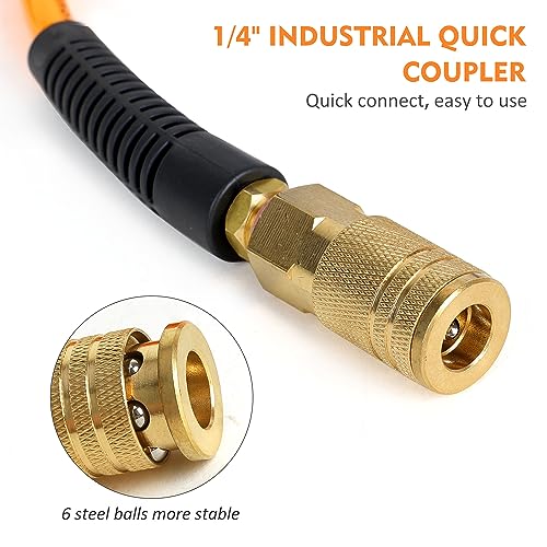 FYPower Air Compressor Hose 1/4 Inch x 100 Feet Flexeel Reinforced Polyurethane (PU) Air Hose with Fittings, Bend Restrictors, 1/4" Industrial Quick Coupler and Plug Kit - Image 3