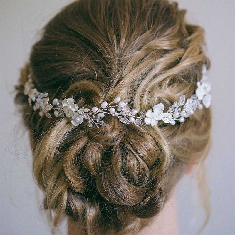 JONKY Bride Wedding Hair Vine Pearl Bride Hair Piece Leaf Wedding Headbands Flower Wedding Headpieces Crystal Bridal Hair Accessories for Women Silver