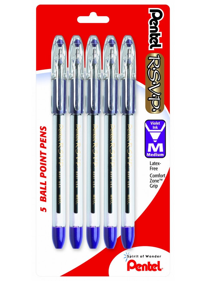 Pentel R.S.V.P. Ballpoint Pen, Medium Line, Violet Ink, 5 Pack (BK91BP5V)