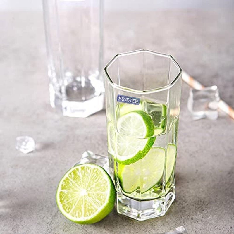 FINSTER Glass Clean WaterJuice Glasses Set of 12 300ml Transparent Stylish Long Glass Crystal Octagonal Office or Home Design Glass - Image 2