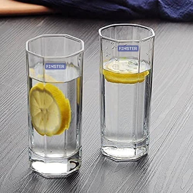 FINSTER Glass Clean WaterJuice Glasses Set of 12 300ml Transparent Stylish Long Glass Crystal Octagonal Office or Home Design Glass - Image 1