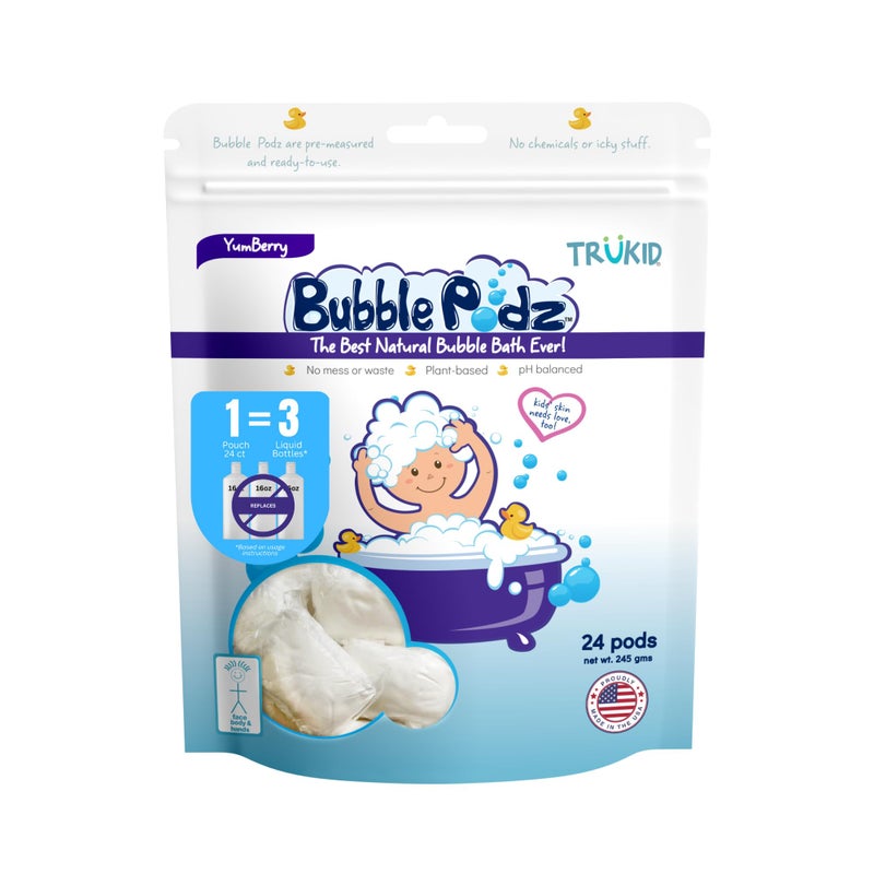 TruKid Bubble Podz Bubble Bath for Baby & Kids, Gentle Refreshing Bath Bomb for Sensitive Skin, pH Balance 7 for Eye Sensitivity, Natural Moisturizers and Ingredients, Yumberry (24 Podz) - Image 1