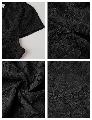 MUADRESS Women Cap-Sleeve Lace Floral Elegant Cocktail Dress Crew Neck Knee Length Bridesmaid Prom Dresses for Party Black L - Image 5