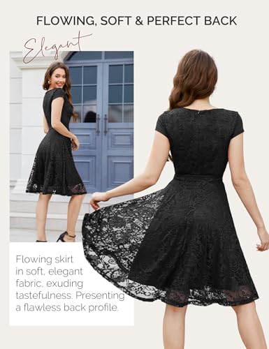 MUADRESS Women Cap-Sleeve Lace Floral Elegant Cocktail Dress Crew Neck Knee Length Bridesmaid Prom Dresses for Party Black L - Image 4