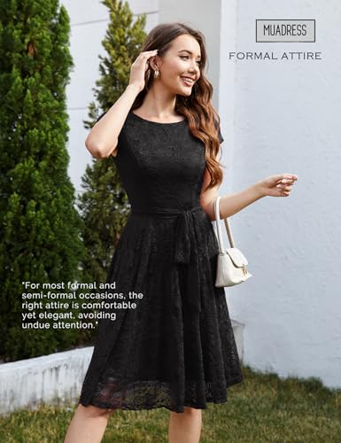 MUADRESS Women Cap-Sleeve Lace Floral Elegant Cocktail Dress Crew Neck Knee Length Bridesmaid Prom Dresses for Party Black L - Image 2