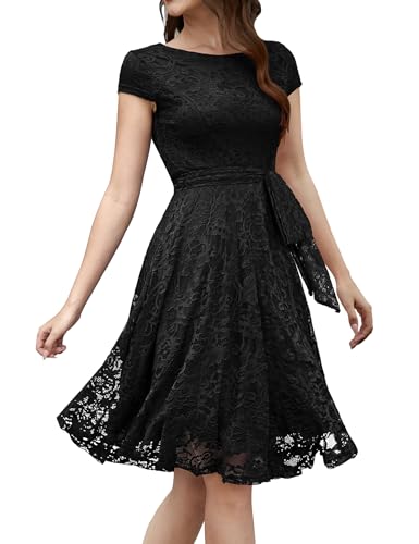 MUADRESS Women Cap-Sleeve Lace Floral Elegant Cocktail Dress Crew Neck Knee Length Bridesmaid Prom Dresses for Party Black L - Image 1