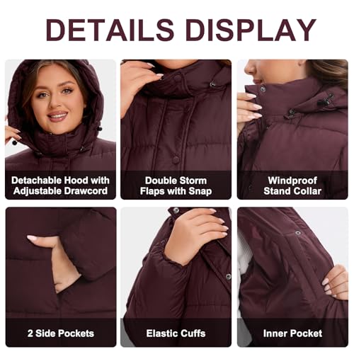 WINDMILL Womens Plus Size Heavyweight Puffer Jacket, Warm Winter Coat with Hood, Wine, 2X - Image 5