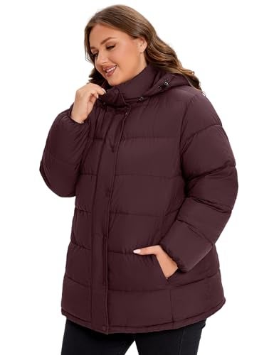 WINDMILL Womens Plus Size Heavyweight Puffer Jacket, Warm Winter Coat with Hood, Wine, 2X - Image 2