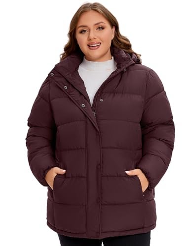 WINDMILL Womens Plus Size Heavyweight Puffer Jacket, Warm Winter Coat with Hood, Wine, 2X - Image 1