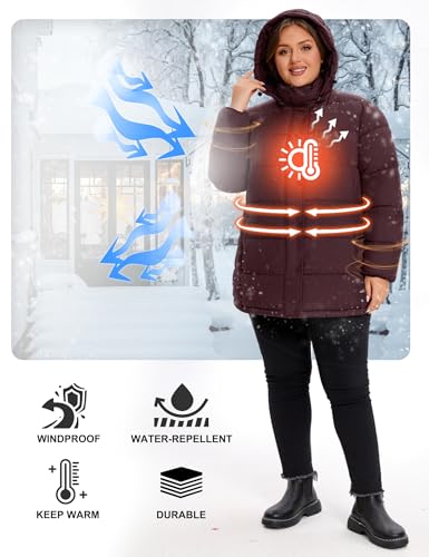 WINDMILL Womens Plus Size Heavyweight Puffer Jacket, Warm Winter Coat with Hood, Wine, 2X - Image 4