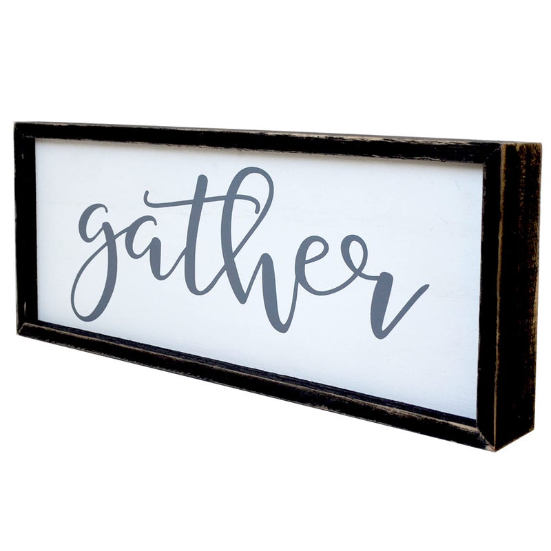 EXQUIDECA Gather Sign for Home Decor in Grey - Farmhouse Kitchen Dining Room Wall Decor - Rustic Wall Decoration Solid Wood Thick Black Frame 12x5 Inches - Image 1