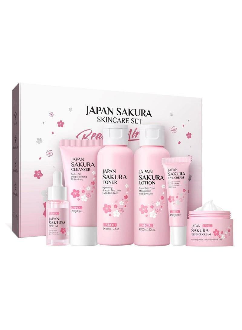 Laikou Sakura Skincare Gift Sets for Women - 6-Step Routine With Cleanser, Toner, Lotion, Serum, Eye Serum, Essence cream - Gifts for Teenage Girls - Vegan u0026 Cruelty-Free (6PCS) - Image 1