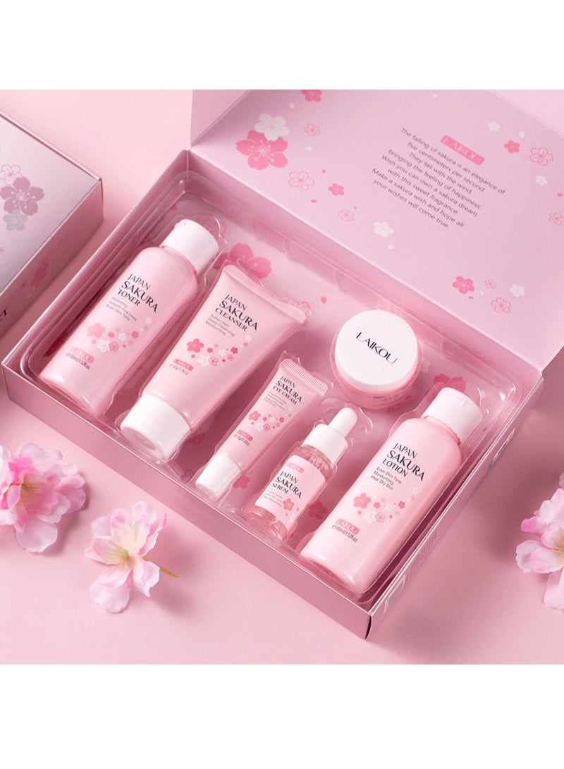 Laikou Sakura Skincare Gift Sets for Women - 6-Step Routine With Cleanser, Toner, Lotion, Serum, Eye Serum, Essence cream - Gifts for Teenage Girls - Vegan u0026 Cruelty-Free (6PCS) - Image 2