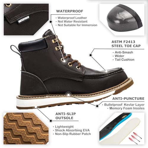 KELODON Waterproof Steel Toe Boots For Men-6" Leather Moc Toe Winter Warm Work Boots Mens Steel Toe Shoes Indestructible Non Slip Resistant Construction Safety Boot,Dark Brown,size 8 Men - Image 2