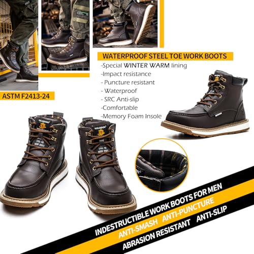 KELODON Waterproof Steel Toe Boots For Men-6" Leather Moc Toe Winter Warm Work Boots Mens Steel Toe Shoes Indestructible Non Slip Resistant Construction Safety Boot,Dark Brown,size 8 Men - Image 3