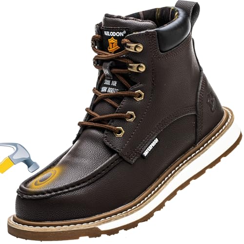 KELODON Waterproof Steel Toe Boots For Men-6" Leather Moc Toe Winter Warm Work Boots Mens Steel Toe Shoes Indestructible Non Slip Resistant Construction Safety Boot,Dark Brown,size 8 Men - Image 1