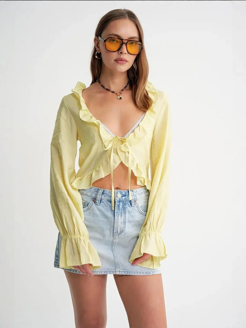 MixRay Mixray Frilly V-Neck Long Sleeve Crop Blouse