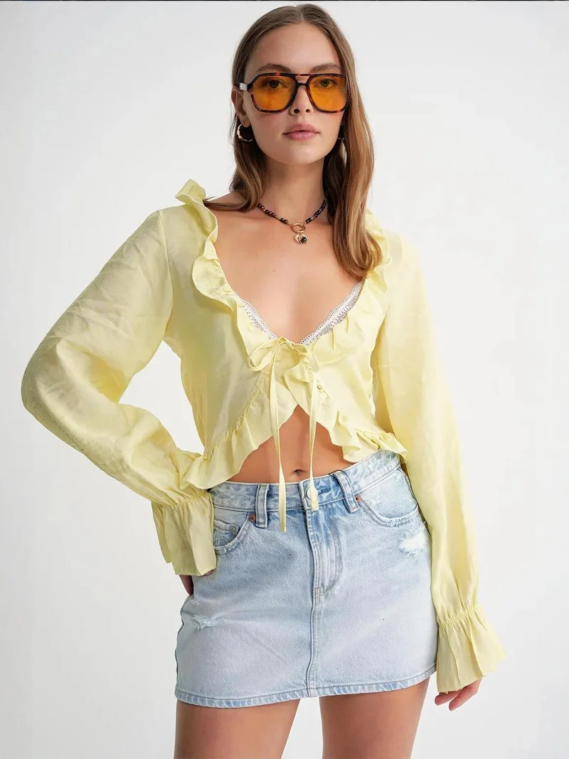 MixRay Lemon Yellow Mixray Frilly V-Neck Long Sleeve Crop Blouse for Women | Best Price UAE