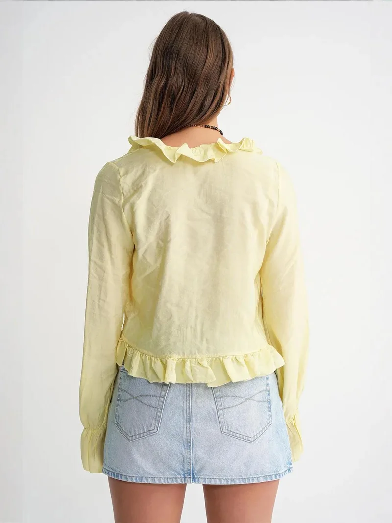 MixRay Lemon Yellow Mixray Frilly V-Neck Long Sleeve Crop Blouse for Women | Best Price UAE