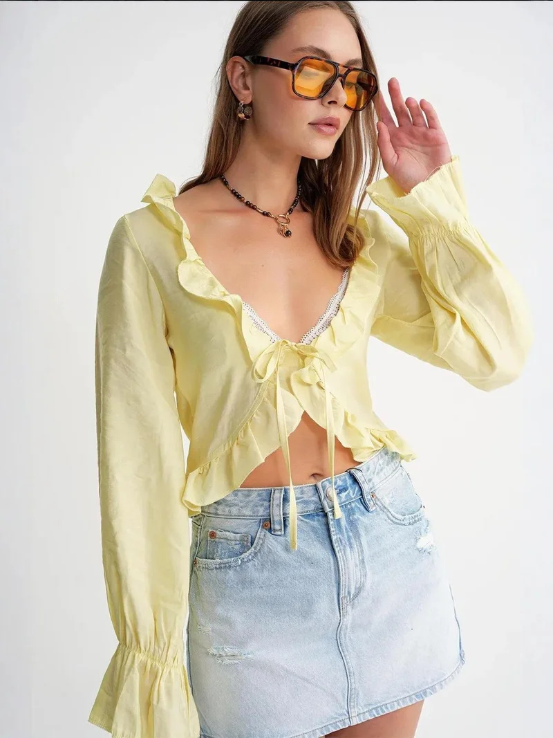 MixRay Lemon Yellow Mixray Frilly V-Neck Long Sleeve Crop Blouse for Women | Best Price UAE