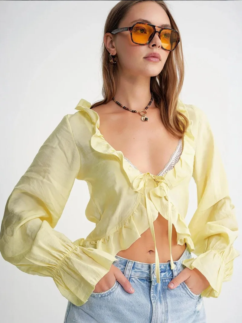 MixRay Lemon Yellow Mixray Frilly V-Neck Long Sleeve Crop Blouse for Women | Best Price UAE
