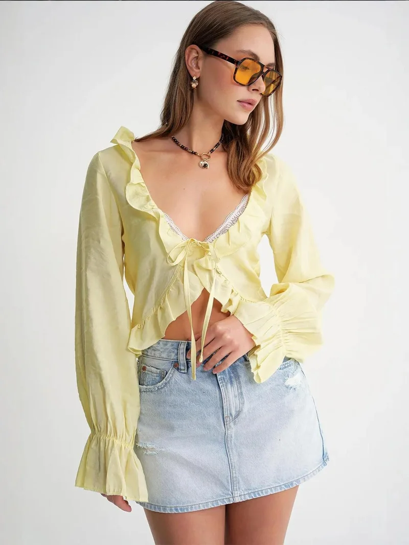 MixRay Lemon Yellow Mixray Frilly V-Neck Long Sleeve Crop Blouse for Women | Best Price UAE