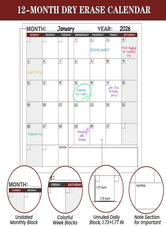 MaaIbok Large Dry Erase Calendar for Wall - Yearly Wall Calendar Dry Erase, 37" x 57.9", 12-Month Undated Erasable & Reusable Laminated Wall Calendar, 15 Round Stickers, Perfect for Home, Office and School - Image 3