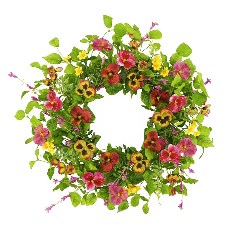 YNYLCHMX 18" Spring Summer Wreaths for Front Door, Artificial Floral Wreath with Ivy Leaves Daisies Pansies Rose Leaves, Green Foliage Wreath for Wall Window Farmhouse Party Holiday Home Decor - Image 1
