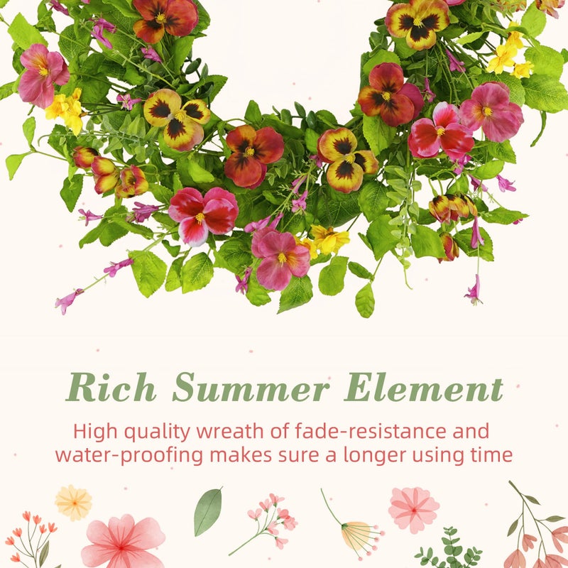 YNYLCHMX 18" Spring Summer Wreaths for Front Door, Artificial Floral Wreath with Ivy Leaves Daisies Pansies Rose Leaves, Green Foliage Wreath for Wall Window Farmhouse Party Holiday Home Decor - Image 5