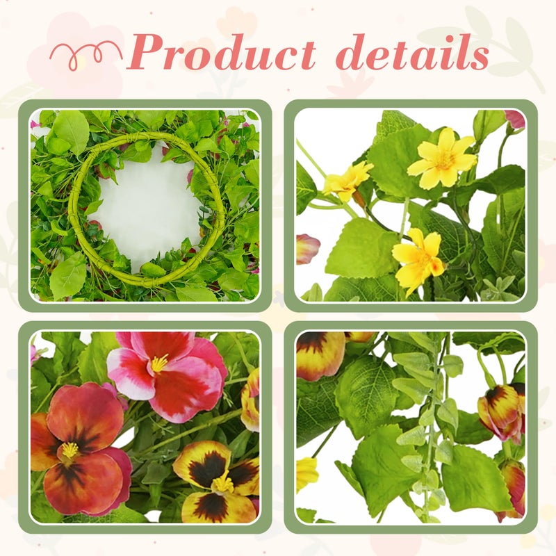 YNYLCHMX 18" Spring Summer Wreaths for Front Door, Artificial Floral Wreath with Ivy Leaves Daisies Pansies Rose Leaves, Green Foliage Wreath for Wall Window Farmhouse Party Holiday Home Decor - Image 4