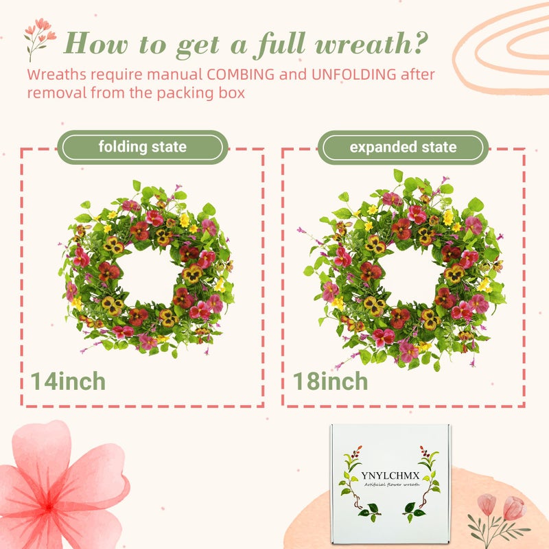 YNYLCHMX 18" Spring Summer Wreaths for Front Door, Artificial Floral Wreath with Ivy Leaves Daisies Pansies Rose Leaves, Green Foliage Wreath for Wall Window Farmhouse Party Holiday Home Decor - Image 3