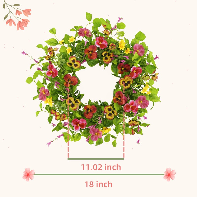 YNYLCHMX 18" Spring Summer Wreaths for Front Door, Artificial Floral Wreath with Ivy Leaves Daisies Pansies Rose Leaves, Green Foliage Wreath for Wall Window Farmhouse Party Holiday Home Decor - Image 2