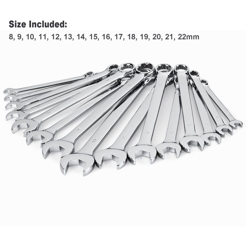 EFFICERE Max Torque 15-Piece Premium Combination Wrench Set  Chrome Vanadium Steel  Long Pattern Design | Include Metric Sizes 8  9  10  11  12  13  14  15  16  17  18  19  20  21  22Mm With Storage Rack - Image 2