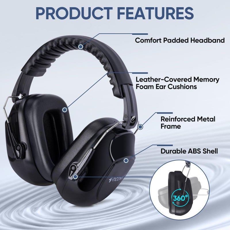 TICONN Noise Cancelling Ear Muffs for Adults, SNR 33dB Hearing Protection, Adjustable Safety Earmuffs for Construction (Black) - Image 4