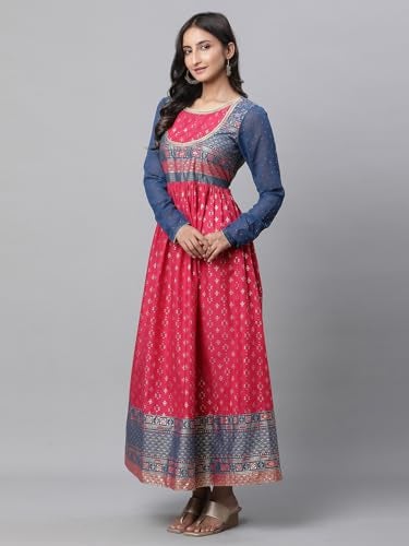 Aurelia Pink Ethnic Motif Cotton Anarkali Kurta with Lace - Image 3