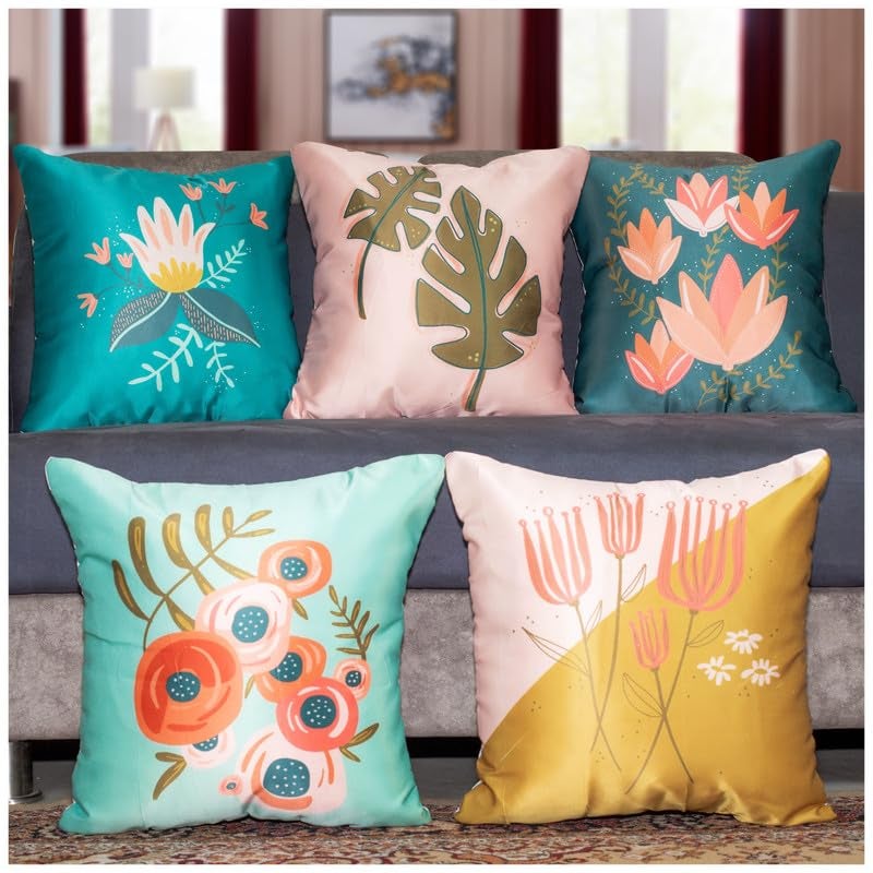 Vendola Decorative Satin 250TC Sofa Cushion Pillow Covers, Multicolor, Set of 5 Floral Cushion Covers(Maples,24x24 Inches) - Image 1