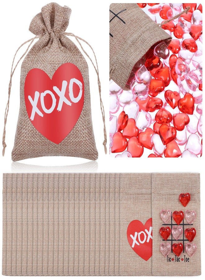 Woanger 24 Pcs Valentine Tic Tac Toe Bag 4 x 6" Linen Storage Bag with 300 Pink Red Acrylic Heart Valentine Vase Filler Heart Shaped Beads Table Decoration for Valentine's Day Wedding Party Game - Image 1