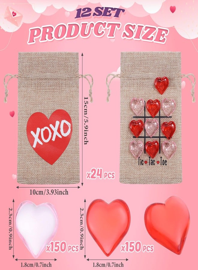 Woanger 24 Pcs Valentine Tic Tac Toe Bag 4 x 6" Linen Storage Bag with 300 Pink Red Acrylic Heart Valentine Vase Filler Heart Shaped Beads Table Decoration for Valentine's Day Wedding Party Game - Image 2