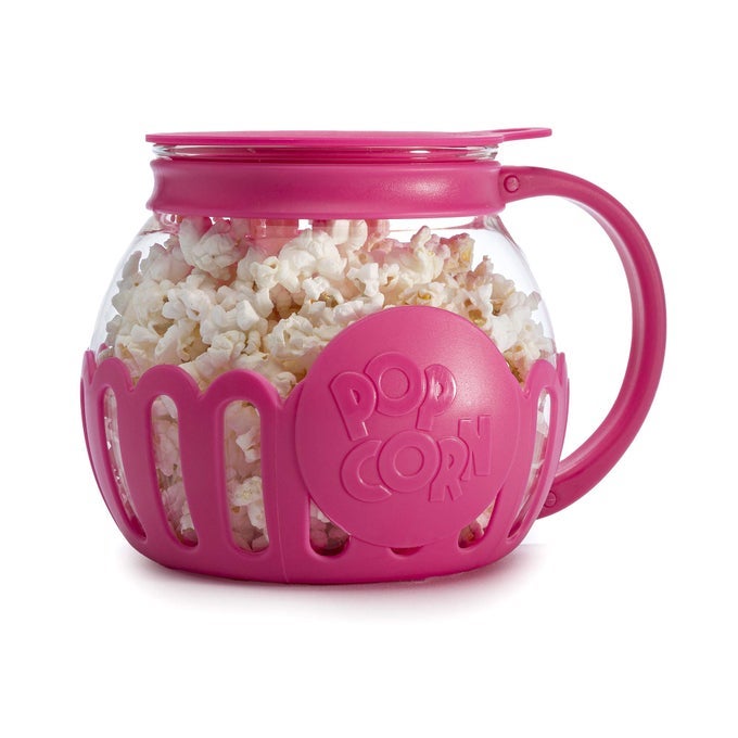 PATENTED MICROPOP MICROWAVE POPCORN POPPER WITH TEMPERATURE SAFE GLASS 3IN1 LID MEASURES KERNELS AND MELTS BUTTER MADE WITHOUT BPA DISHWASHER SAFE 15QUART PINK