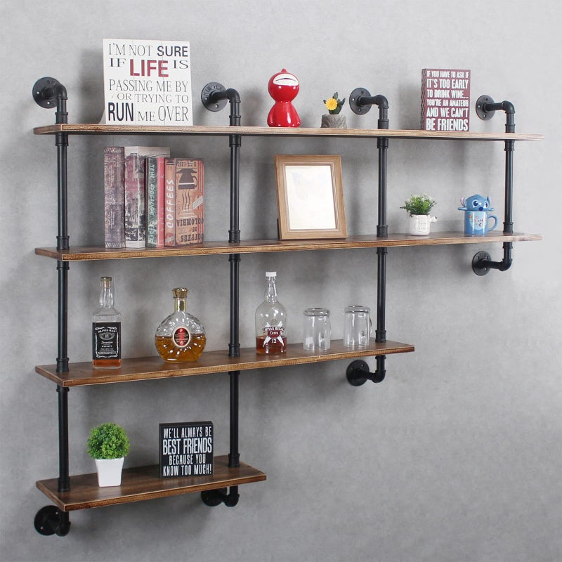 4Tiers 63inch Industrial Pipe ShelvingRustic Floating ShelvesShelves Wall Mount with Wine RackDecorative Accent Wall Book Shelf for Kitchen or Office OrganizerBrown